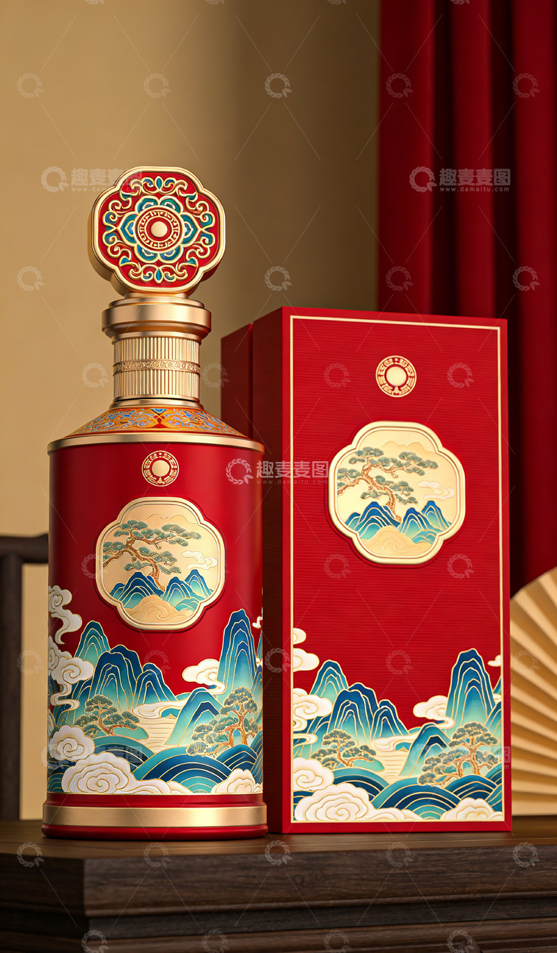 高清大图下载【趣麦麦图】中国风格酒瓶与礼盒设计