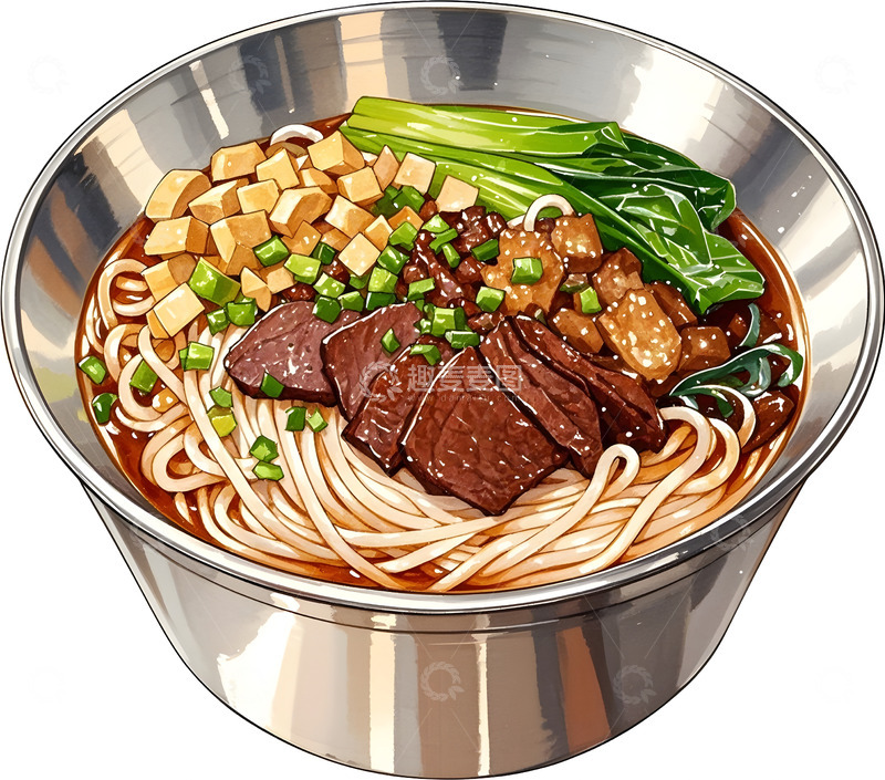 高清大图下载【趣麦麦图】金属碗牛肉面手绘美食插画