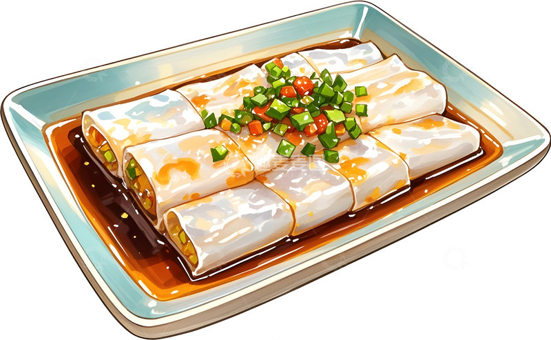高清大图下载【趣麦麦图】美食插画肠粉装盘设计素材