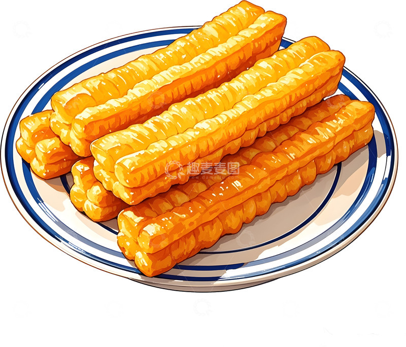 高清大图下载【趣麦麦图】插画风油条小吃盘装美食