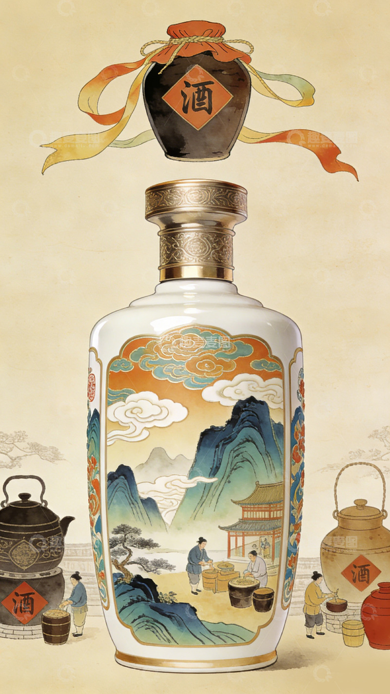 高清大图下载【趣麦麦图】古典中国风酒瓶插画设计素材