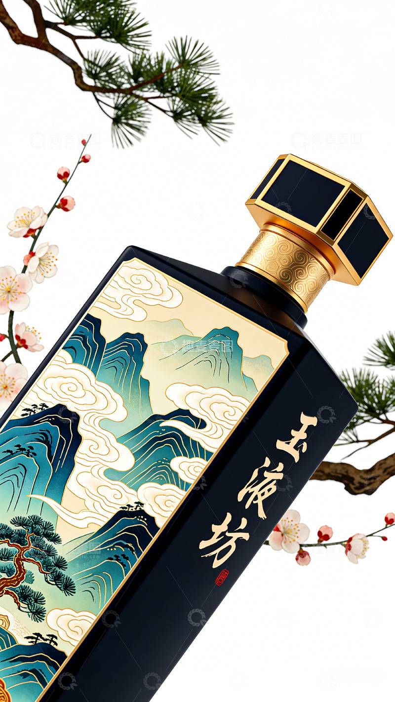 高清大图下载【趣麦麦图】东方山水画酒瓶设计素材