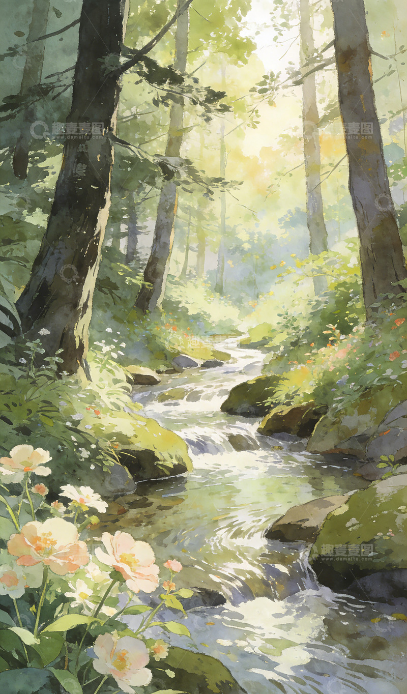 高清大图下载【趣麦麦图】水彩森林溪流风景插画装饰画