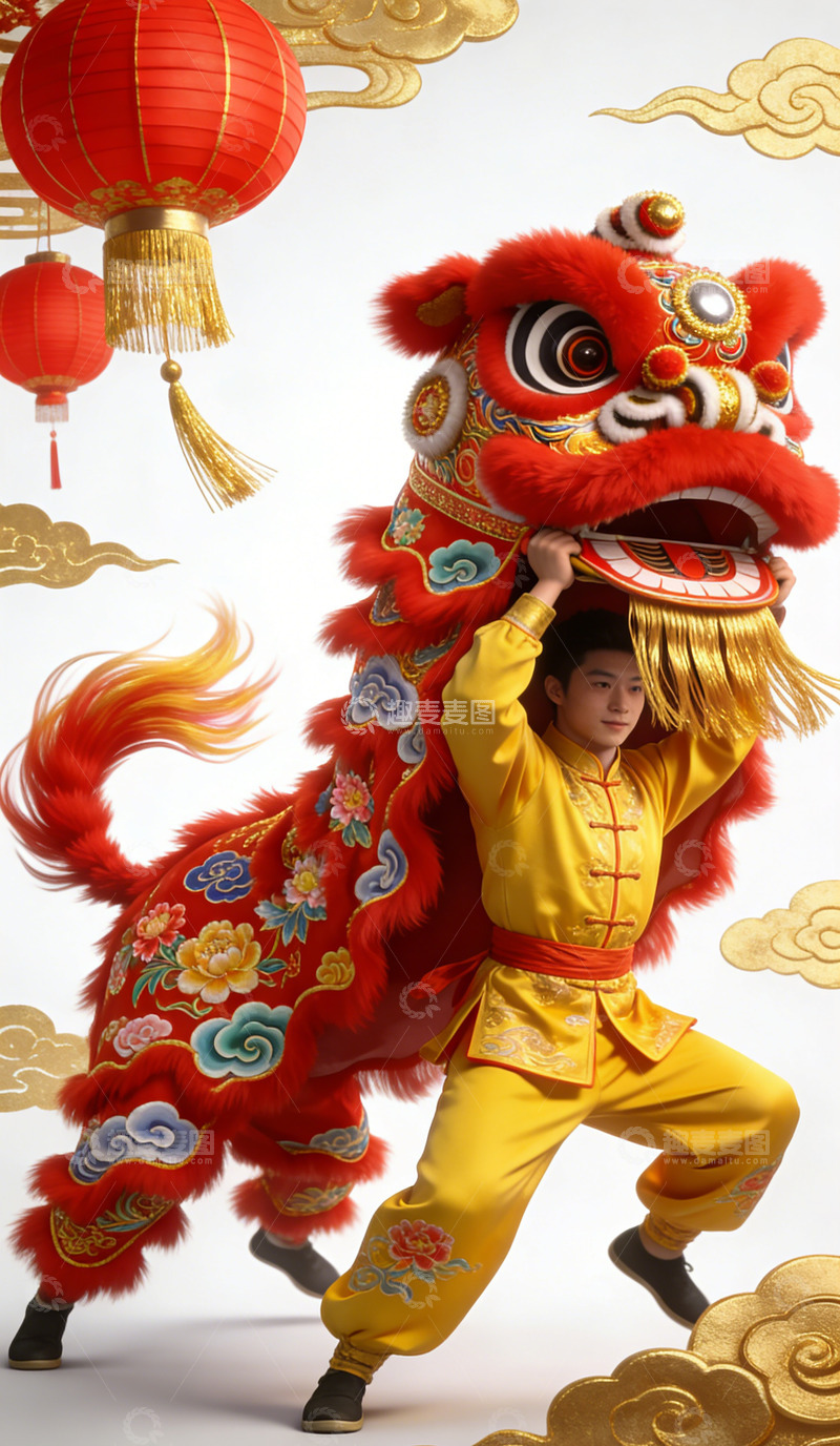 高清大图下载【趣麦麦图】中国舞狮喜庆节日场景装饰画