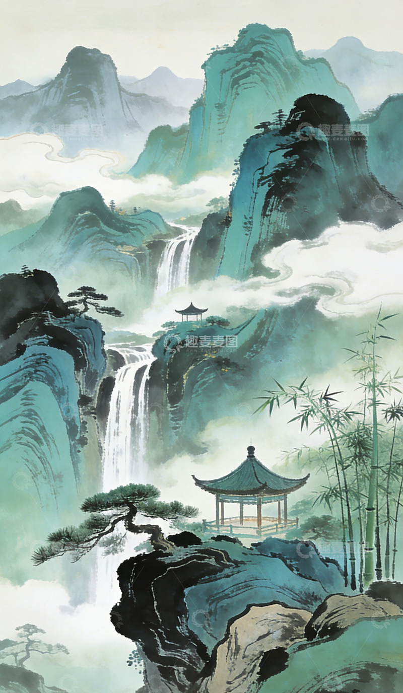 高清大图下载【趣麦麦图】水墨山水画亭台楼阁风景画装饰画