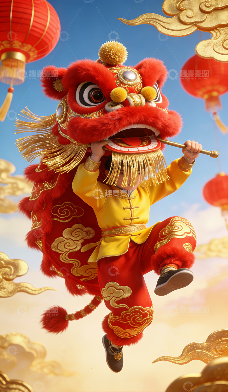 高清大图下载【趣麦麦图】舞狮庆祝春节卡通插画