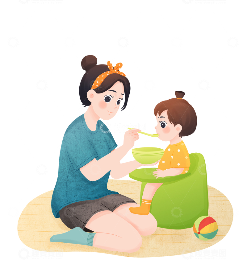 源文件下载【趣麦麦图】妈妈喂宝宝吃饭温馨场景插画