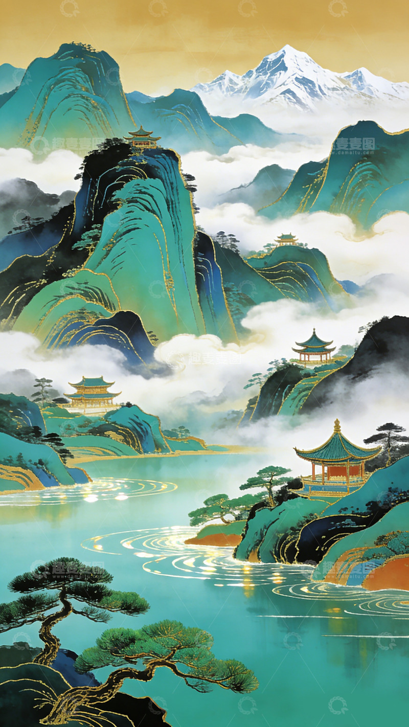 高清大图下载【趣麦麦图】东方山水画古风仙境装饰画