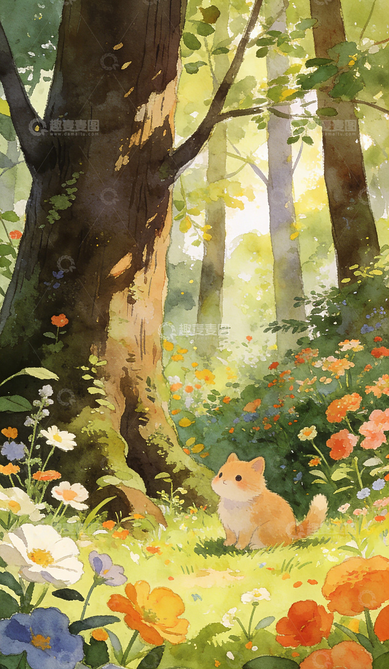 高清大图下载【趣麦麦图】森林插画小猫自然风光装饰画