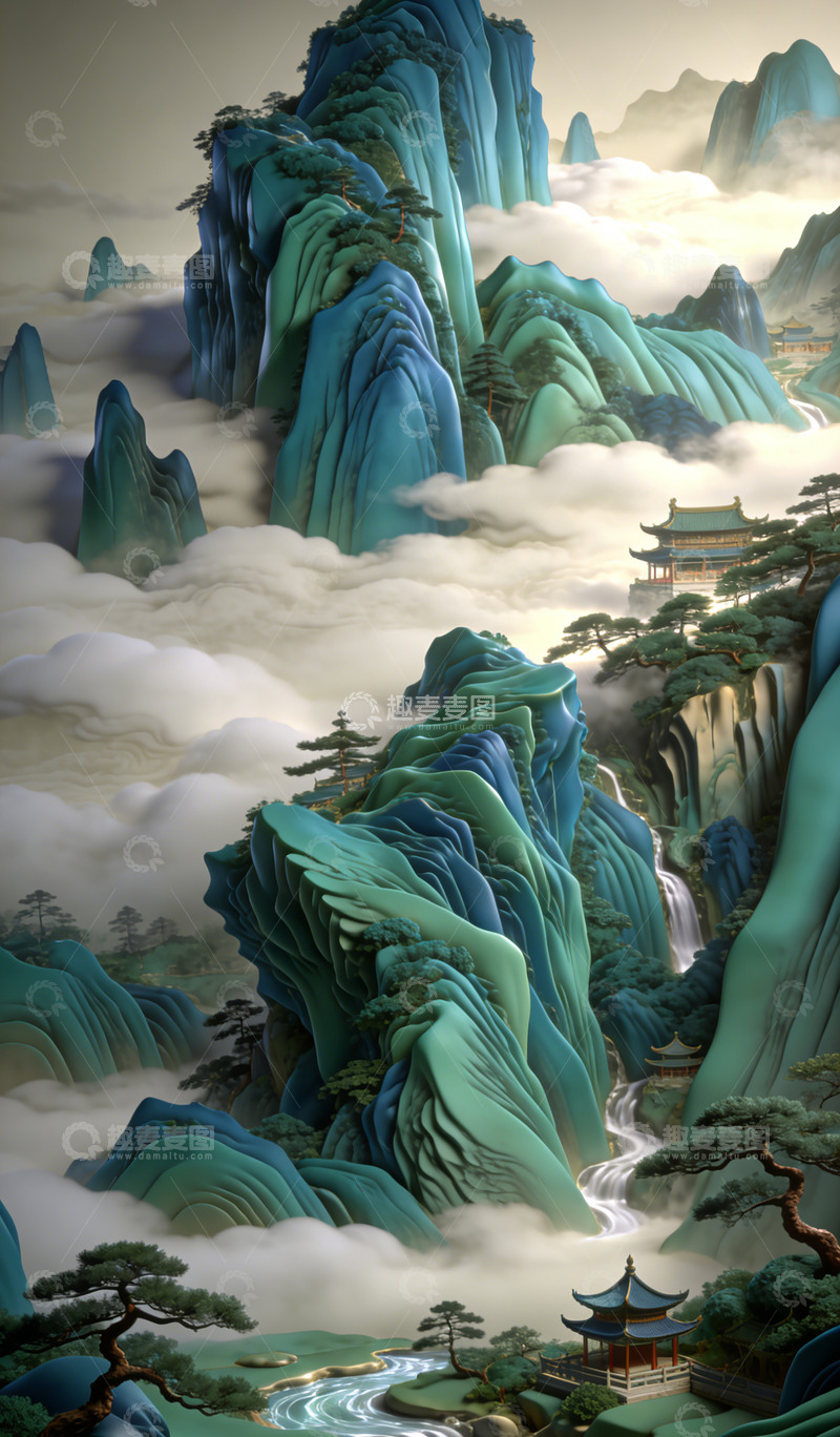 高清大图下载【趣麦麦图】山水画卷古风仙境装饰画