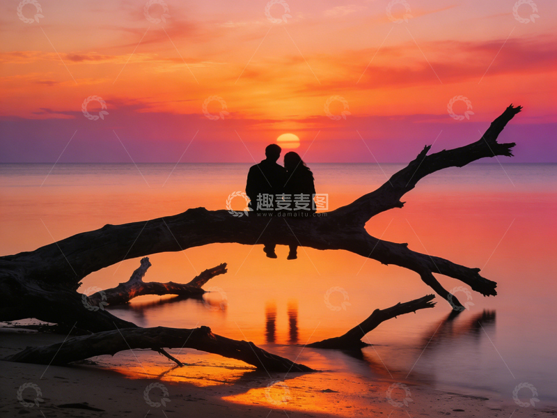 高清大图下载【趣麦麦图】浪漫日落海滩剪影