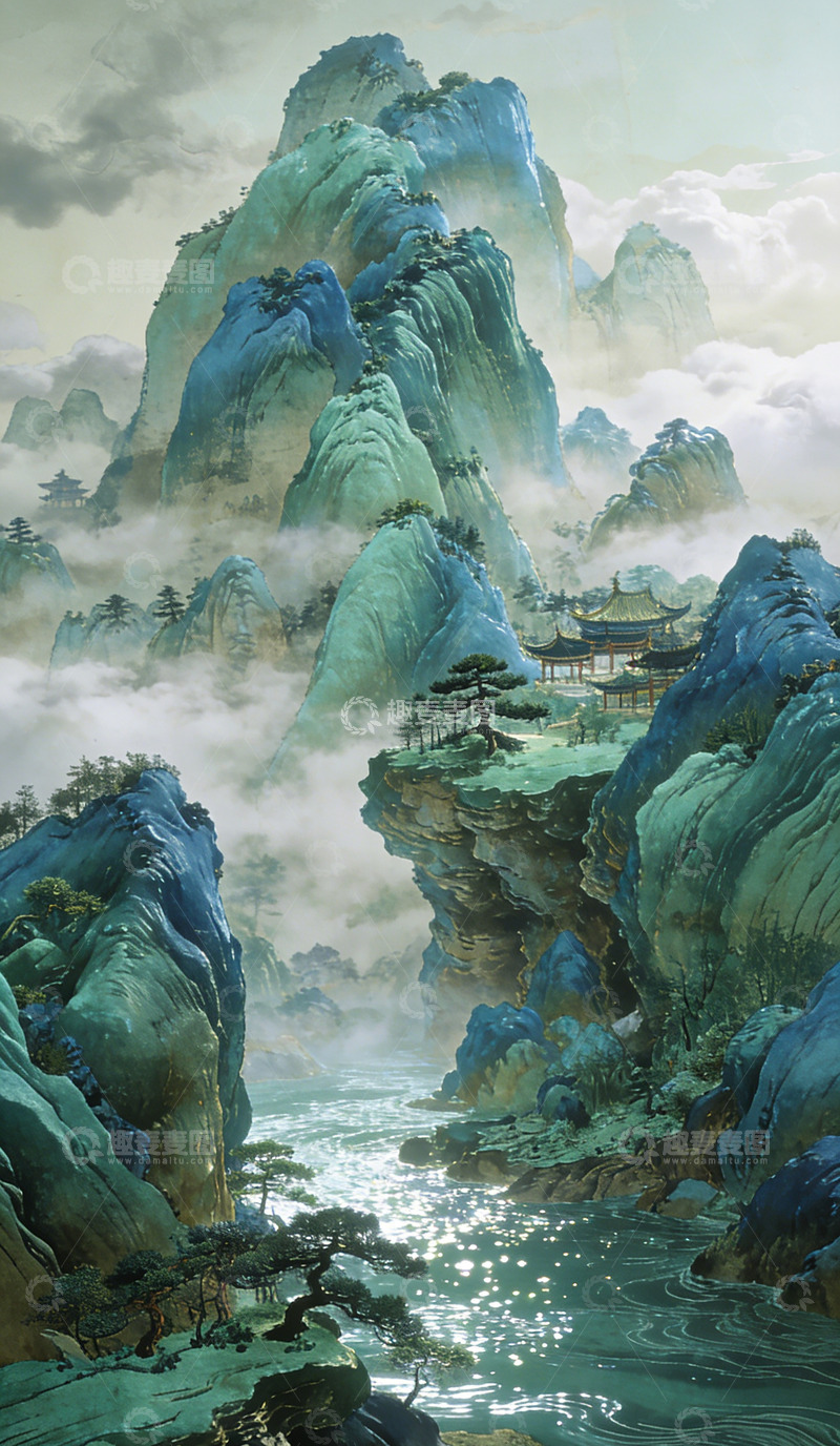 高清大图下载【趣麦麦图】水墨山水画古风仙境风景插画装饰画