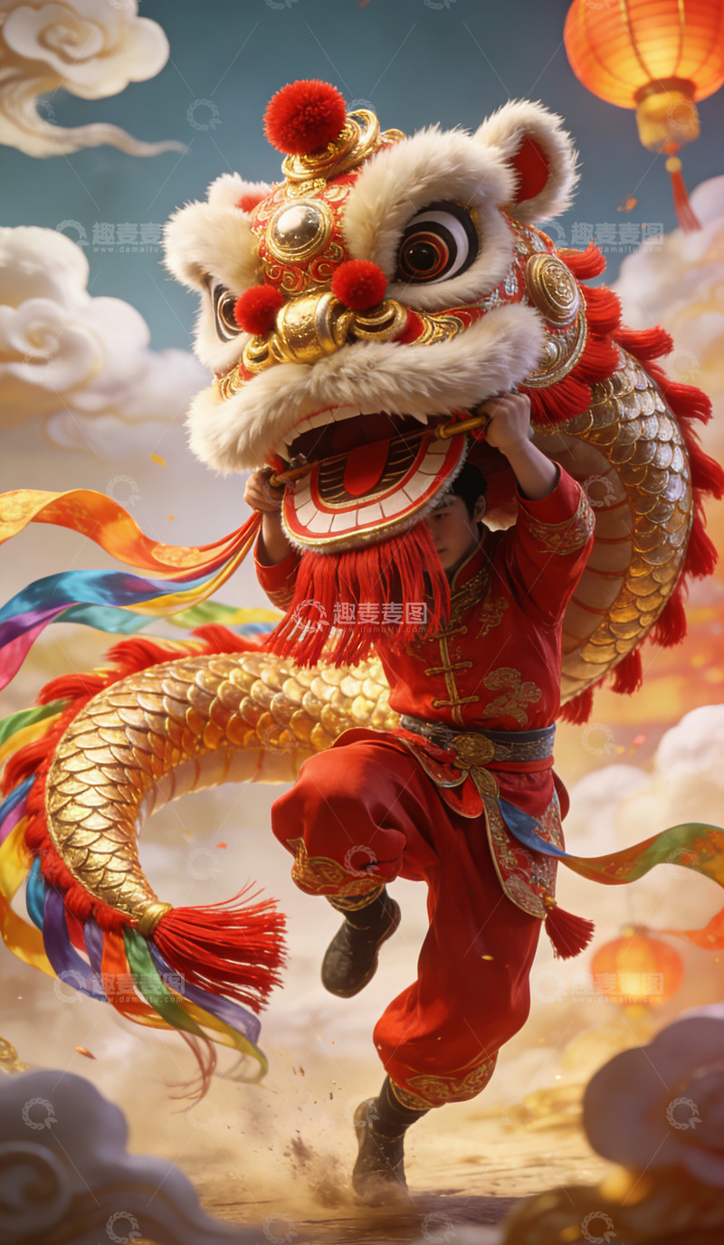 高清大图下载【趣麦麦图】舞狮庆典中国风插画