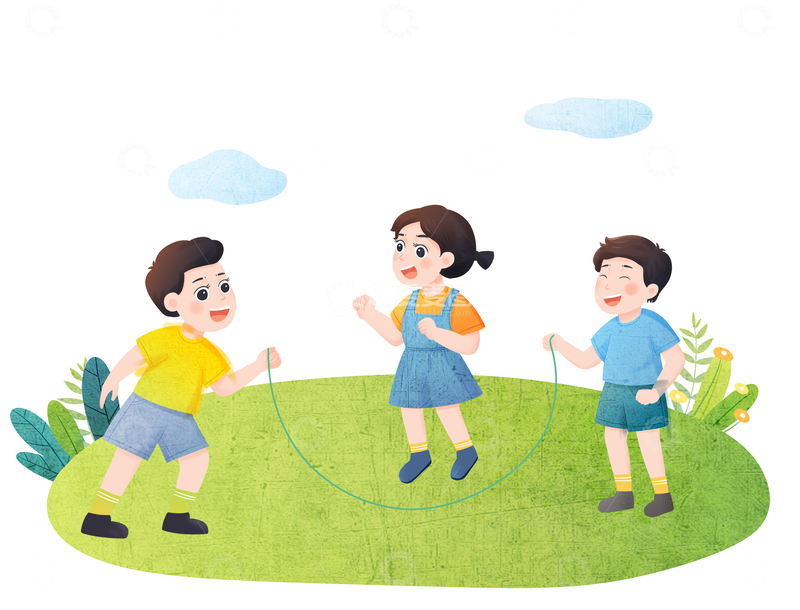 源文件下载【趣麦麦图】-孩子们户外欢快跳绳场景插画