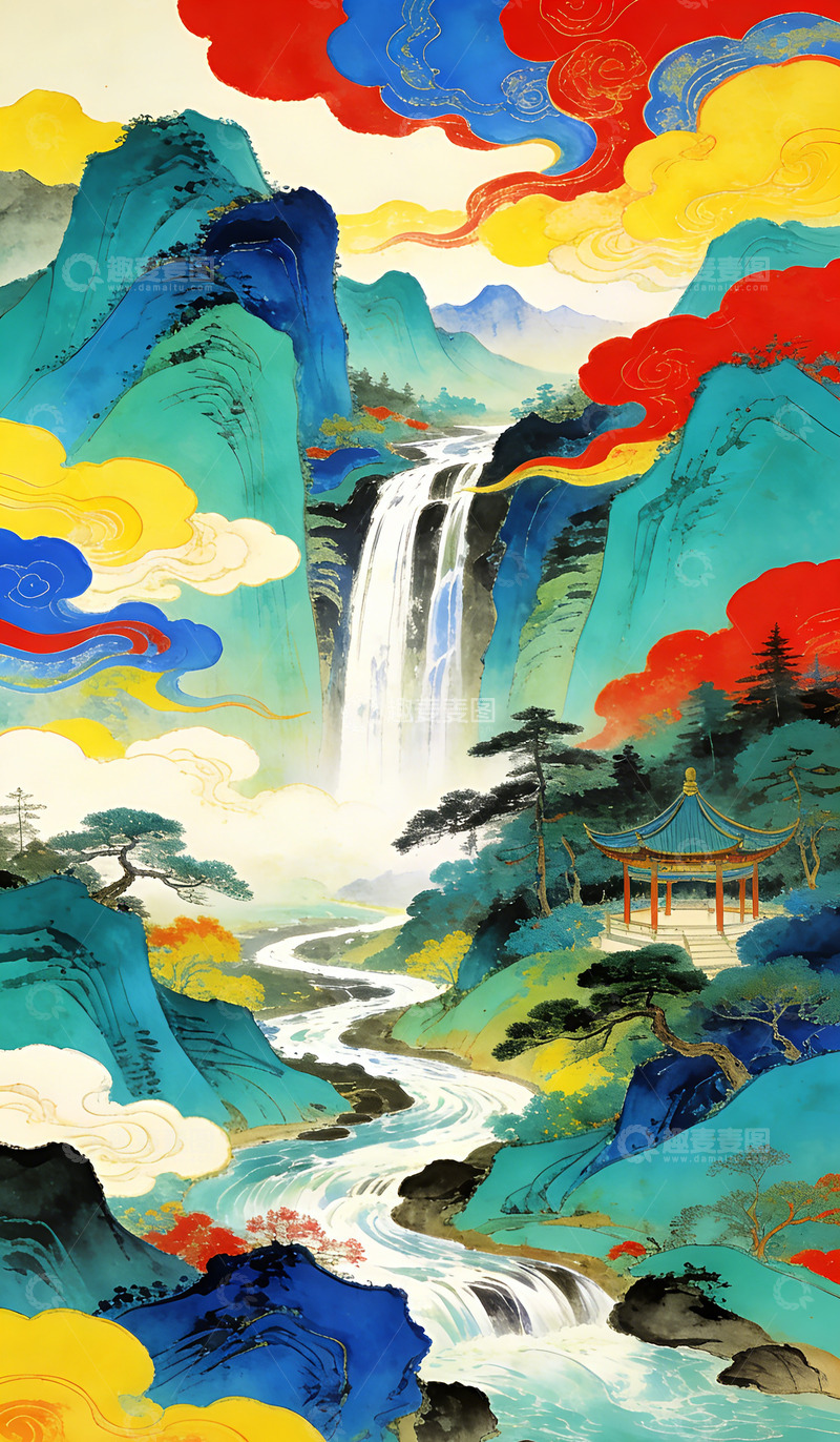 高清大图下载【趣麦麦图】水彩山水瀑布风景画