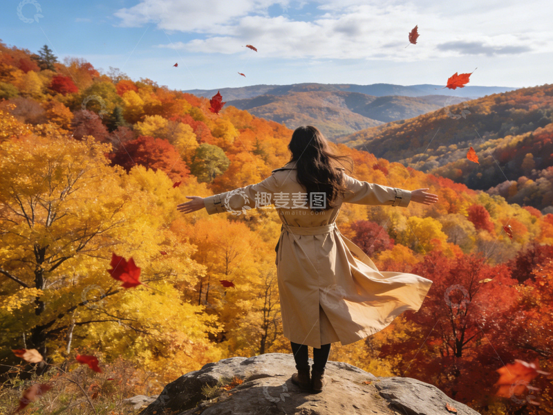 高清大图下载【趣麦麦图】秋日山崖女子赏红叶