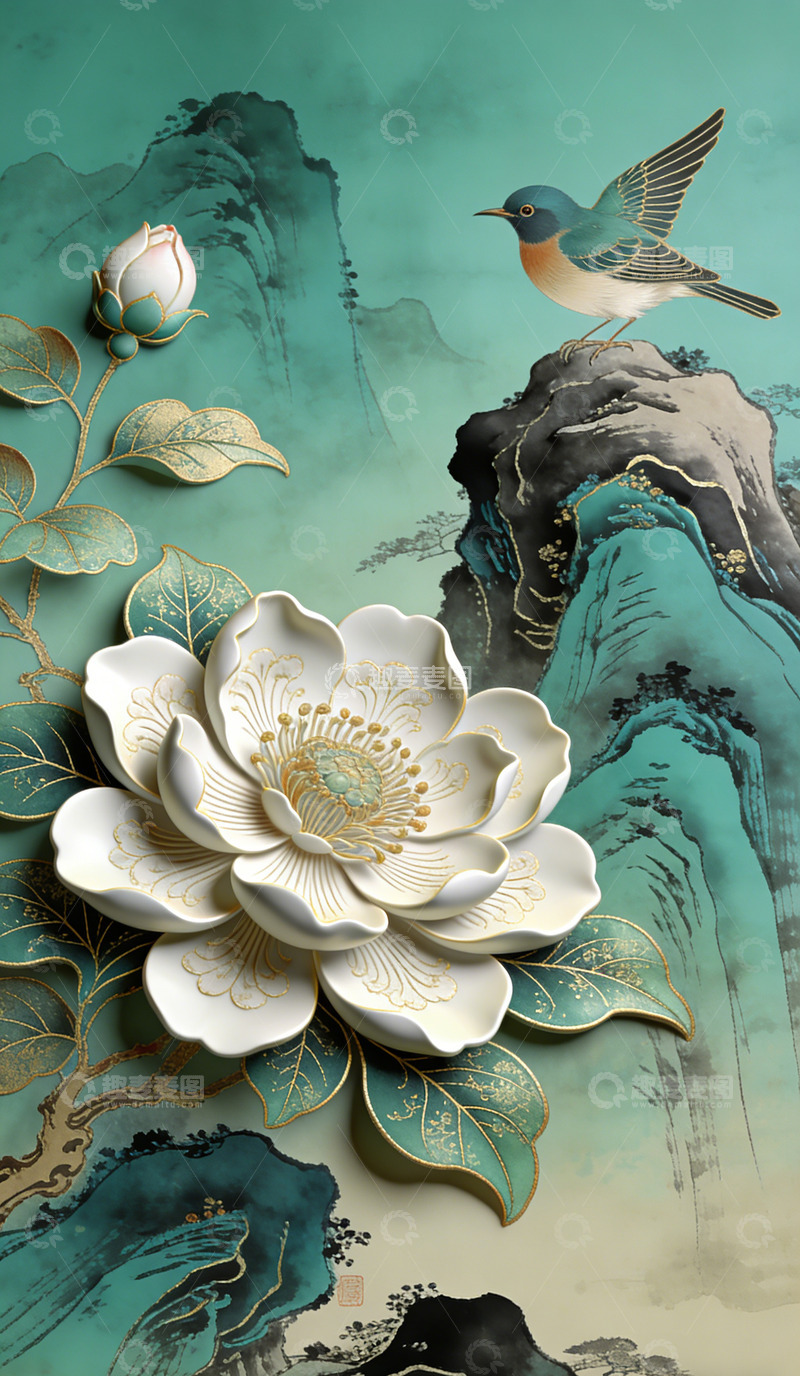 高清大图下载【趣麦麦图】东方风格花鸟山水画艺术插画装饰画