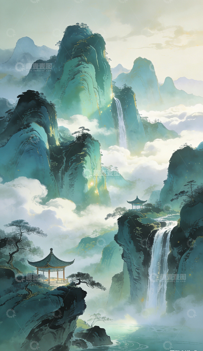 高清大图下载【趣麦麦图】水墨山水古桥亭阁风景画装饰画