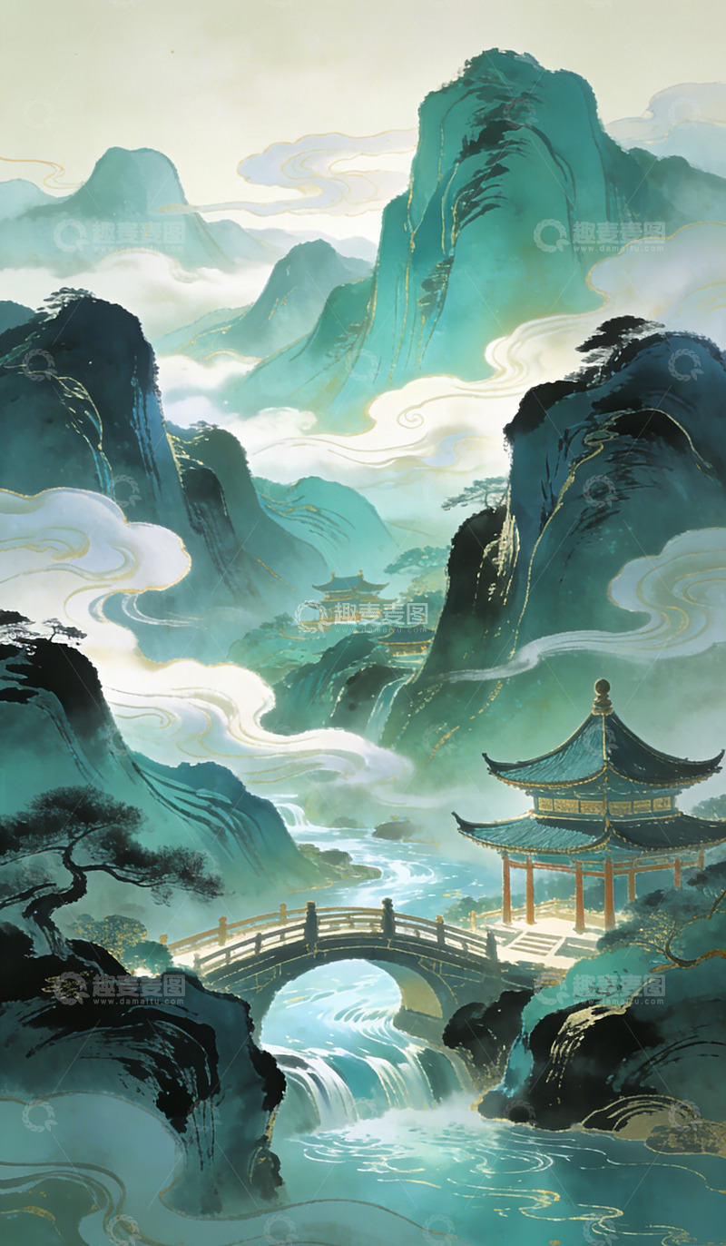 高清大图下载【趣麦麦图】水墨山水古桥亭阁风景画