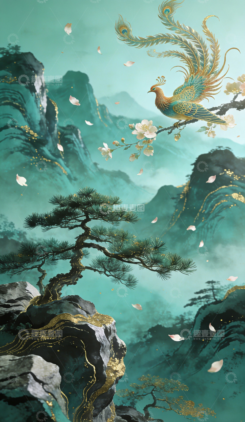 高清大图下载【趣麦麦图】古风山水凤凰装饰画