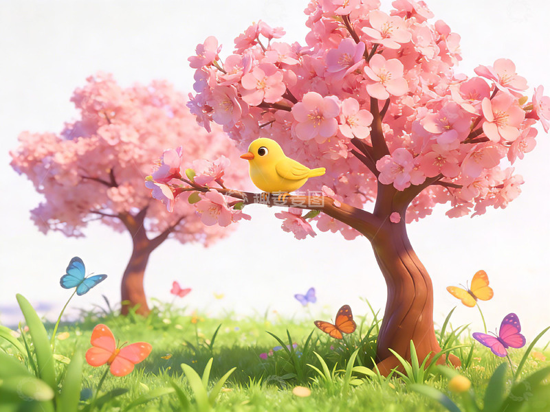 高清大图下载【趣麦麦图】卡通樱花鸟语风景插画