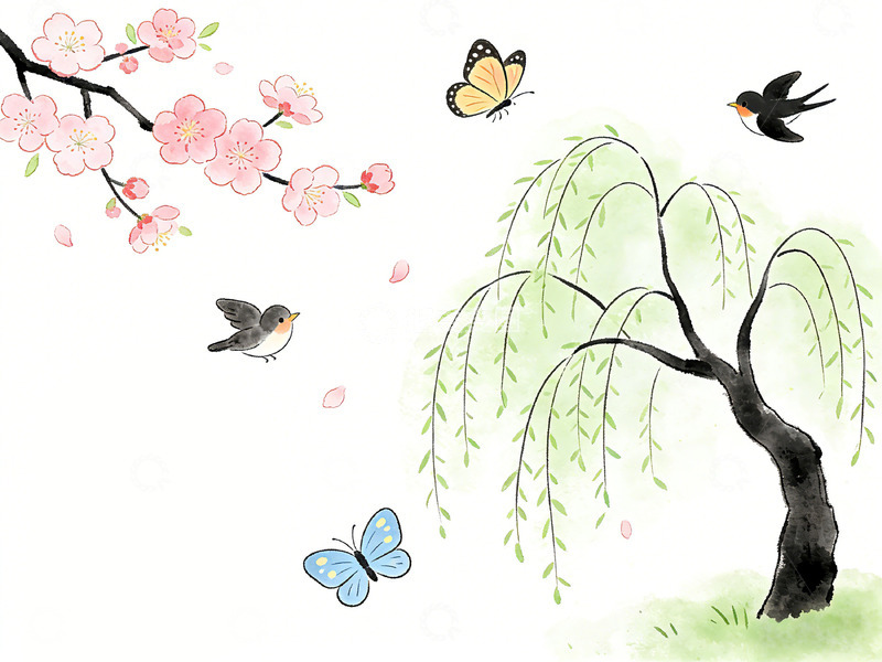 高清大图下载【趣麦麦图】水墨花鸟画春天景色