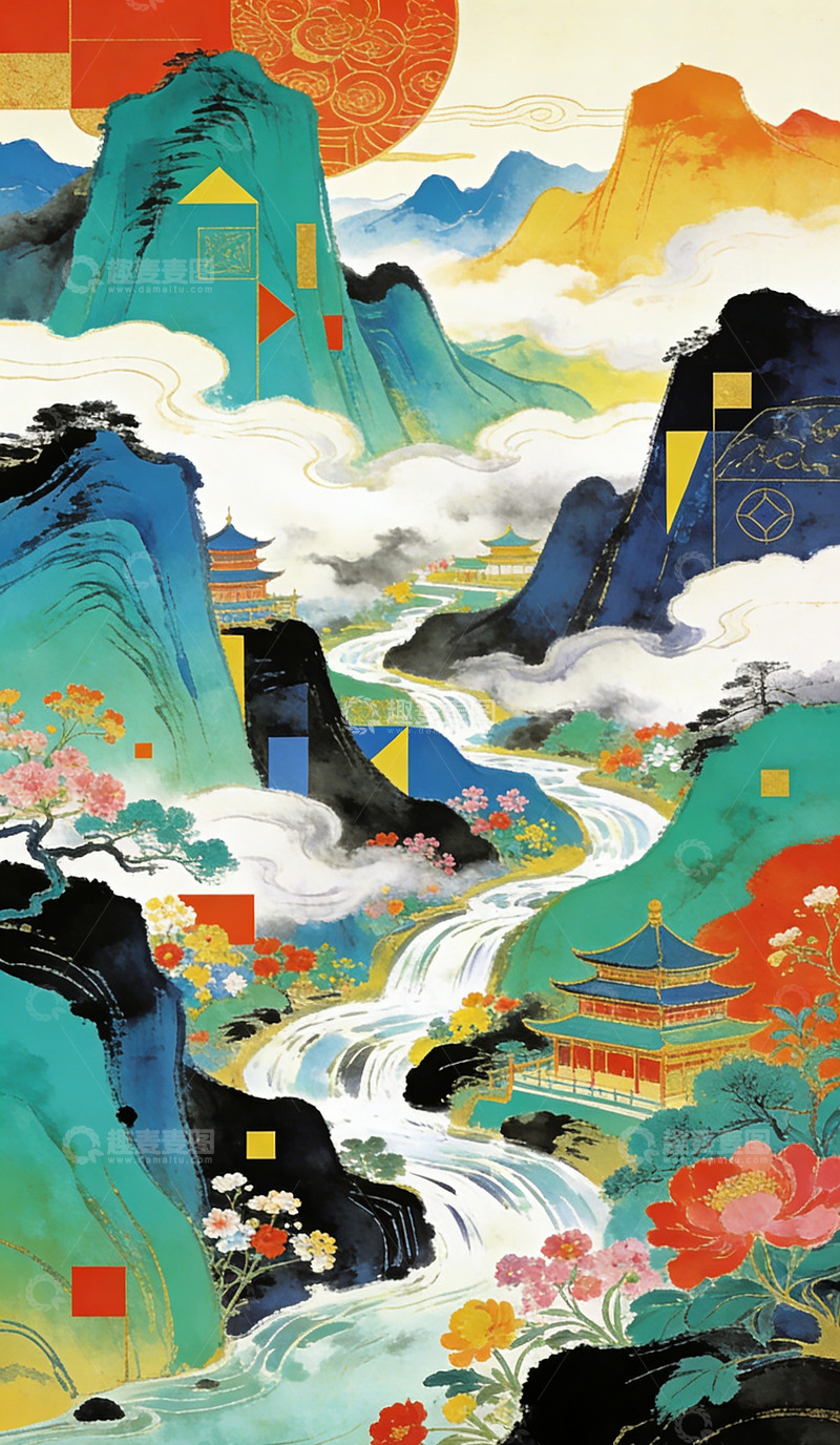 高清大图下载【趣麦麦图】东方山水风光艺术插画装饰画