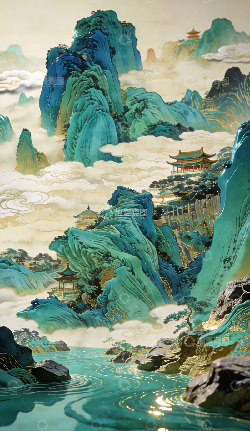 高清大图下载【趣麦麦图】青绿山水古风仙境插画