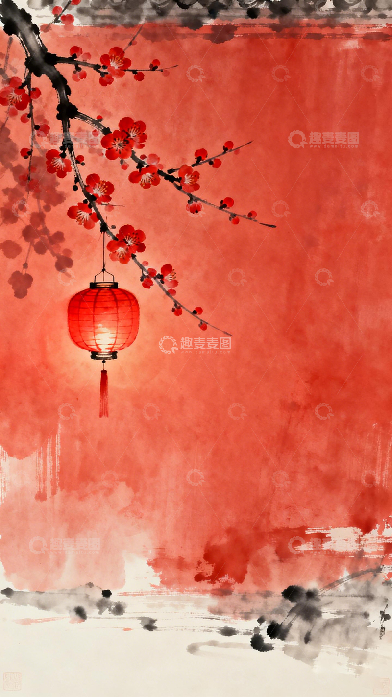 高清大图下载【趣麦麦图】水墨梅花红灯笼国画艺术
