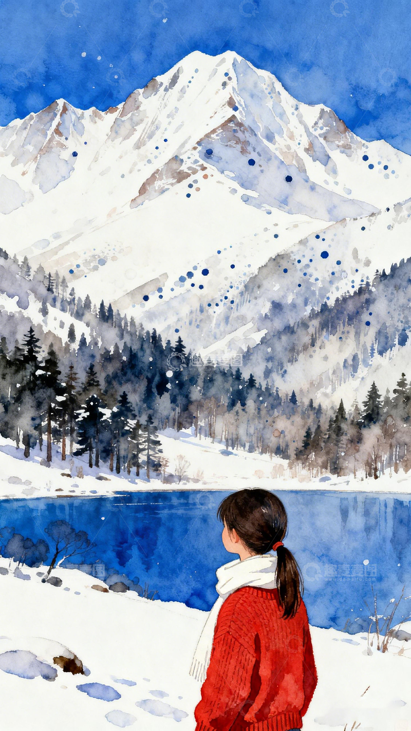 高清大图下载【趣麦麦图】水彩雪山湖畔女子风景画
