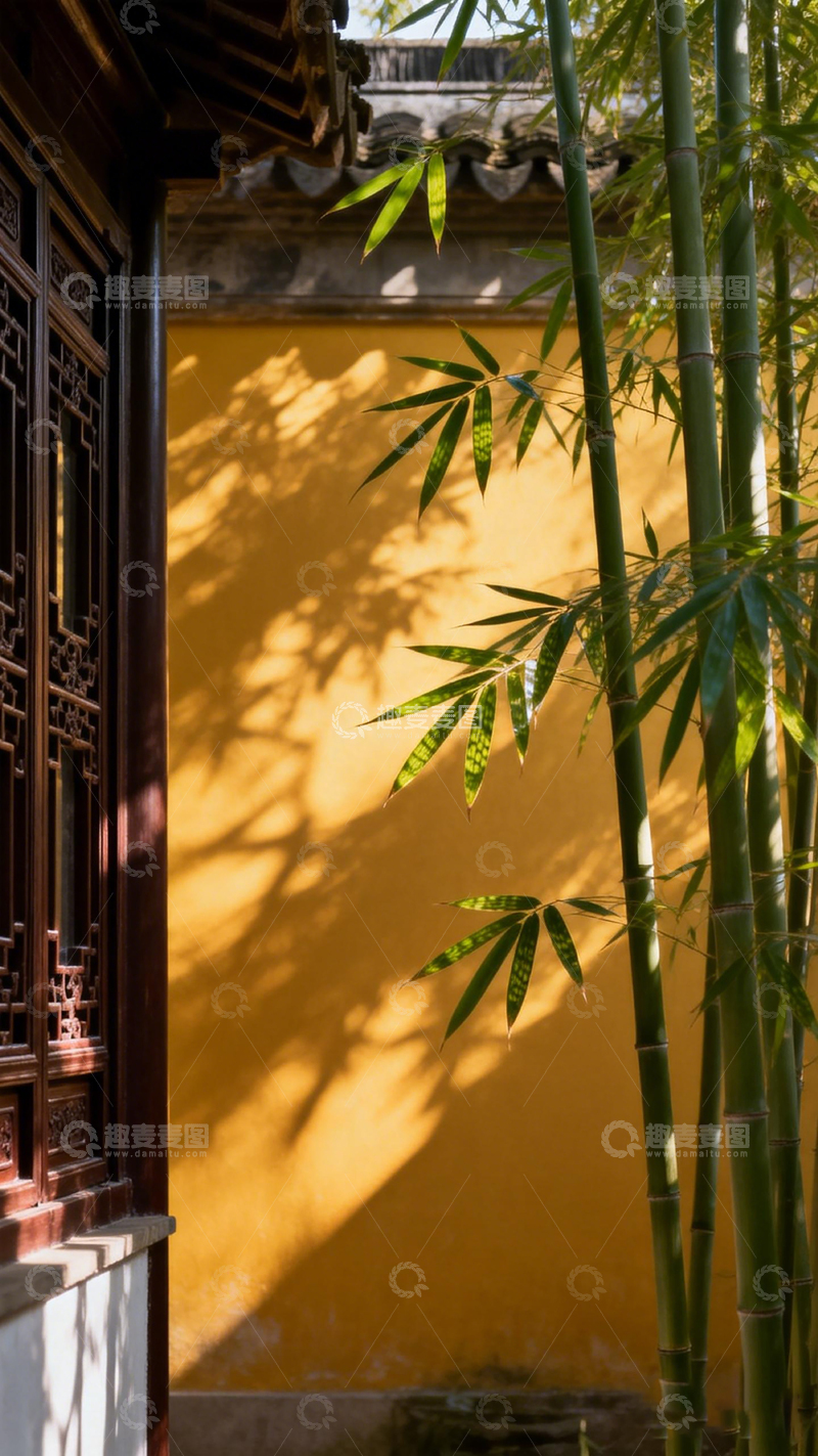 高清大图下载【趣麦麦图】古典庭院竹影黄墙