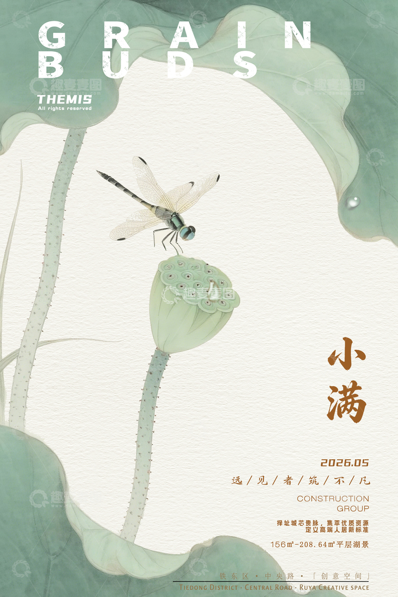 源文件下载【趣麦麦图】水墨风小满节气荷叶蜻蜓海报