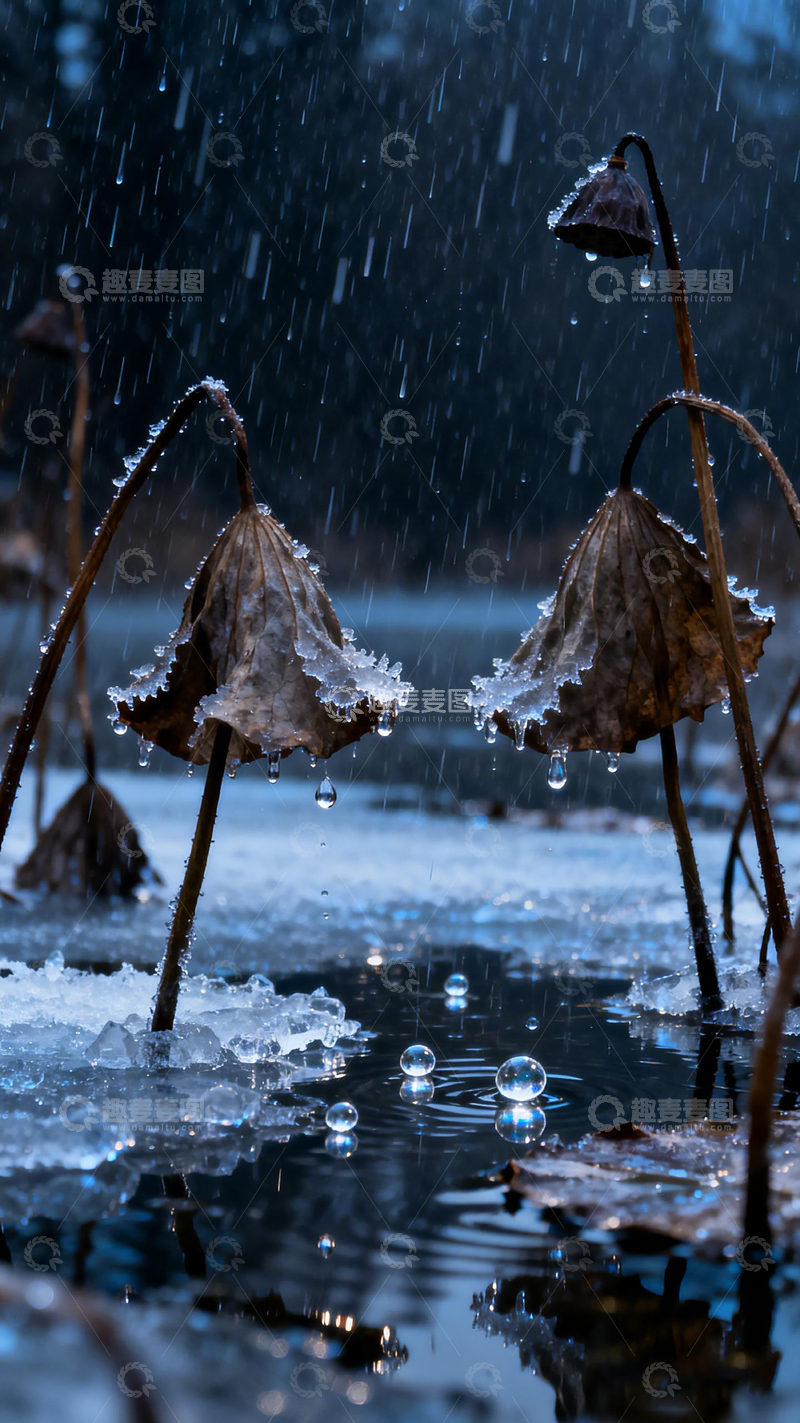 高清大图下载【趣麦麦图】雪雨枯荷意境图