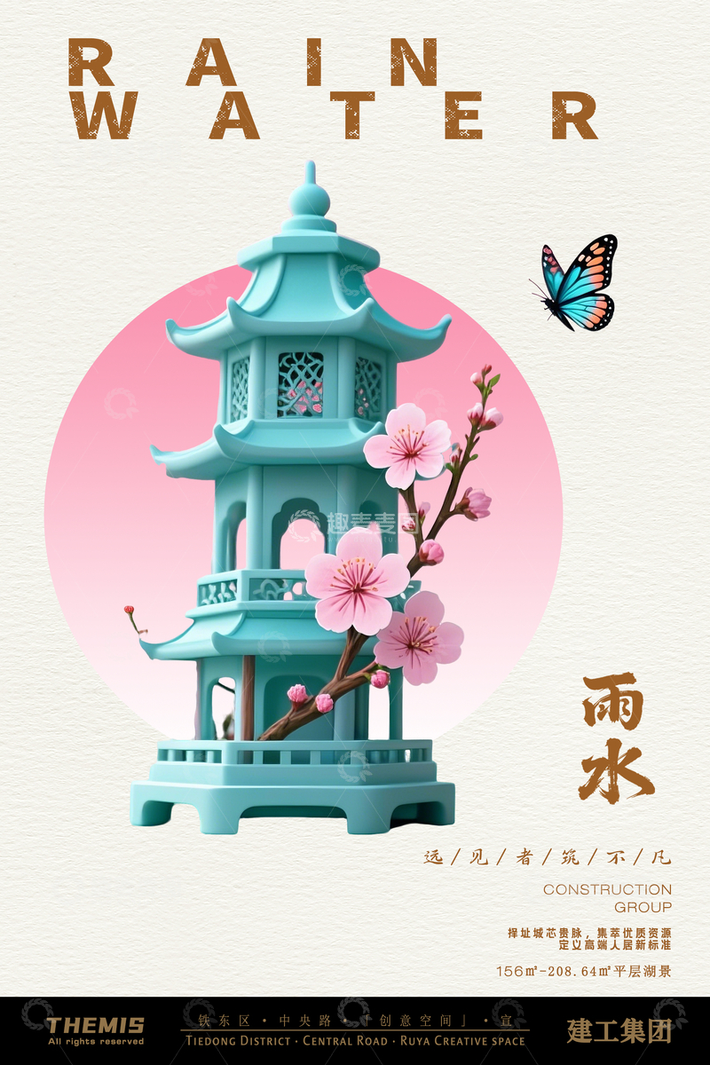 源文件下载【趣麦麦图】-古风塔楼樱花海报设计