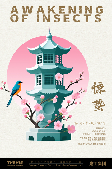 中国风惊蛰塔楼花鸟海报