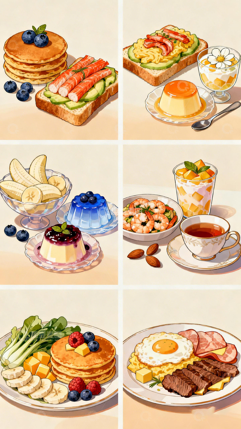 高清大图下载【趣麦麦图】水彩美食插画早餐拼盘设计素材