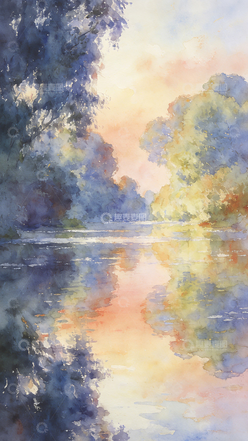 高清大图下载【趣麦麦图】水彩风景日落湖面绘画