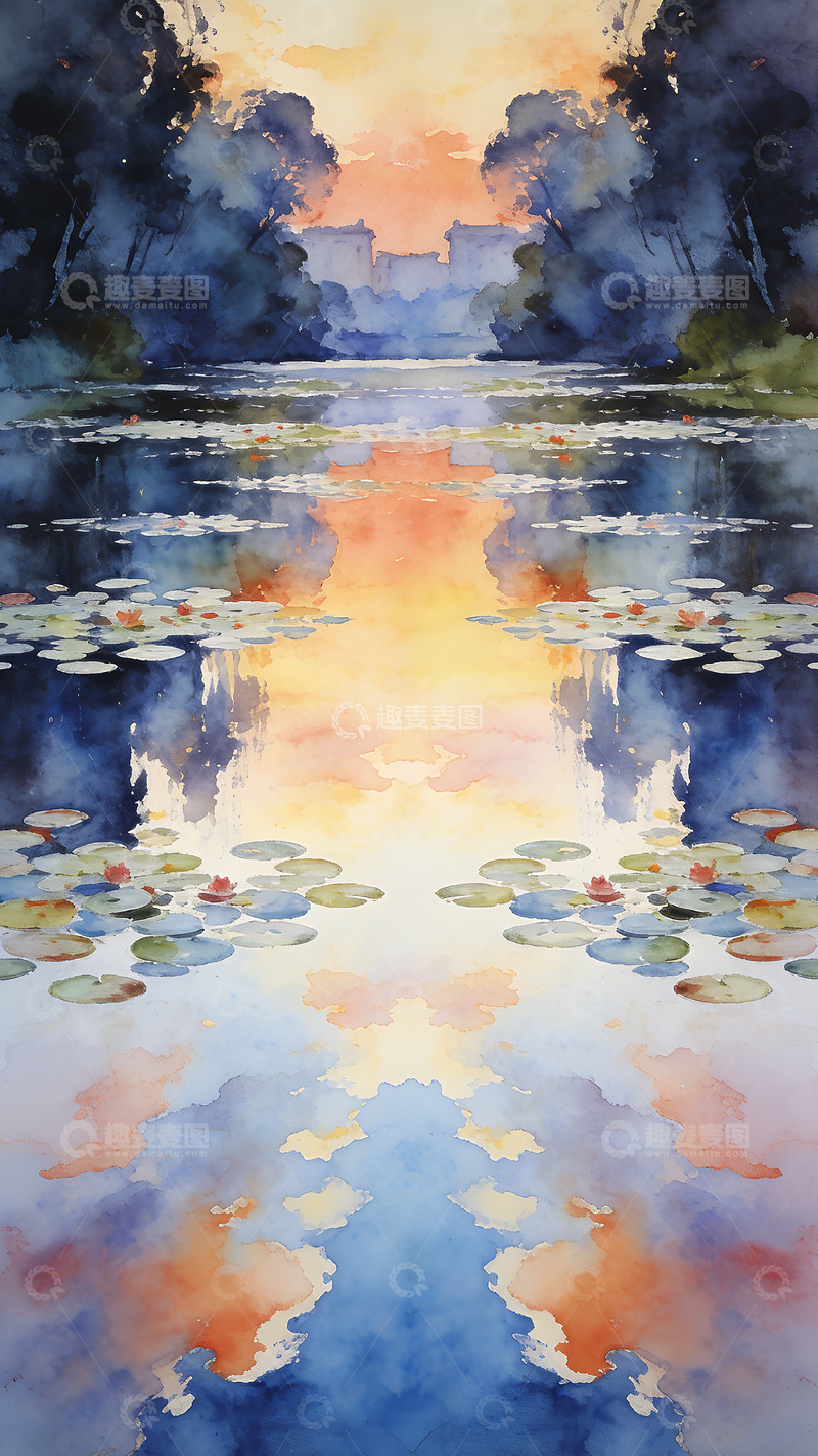 高清大图下载【趣麦麦图】水彩风景睡莲池日落