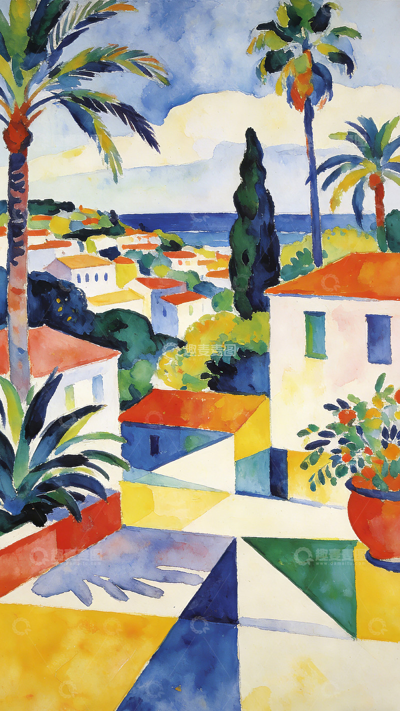 高清大图下载【趣麦麦图】色彩鲜明海滨小镇水彩画