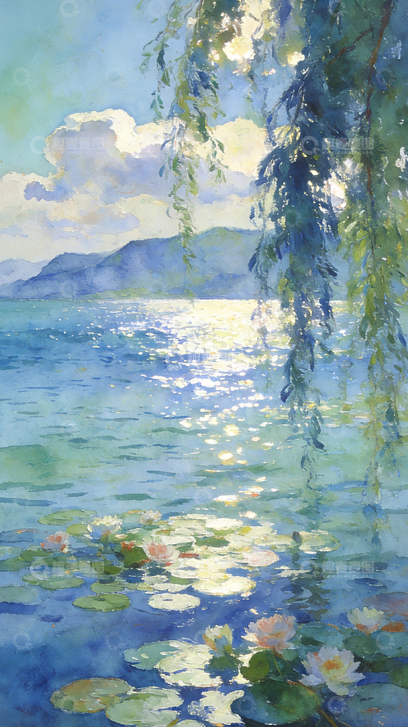 高清大图下载【趣麦麦图】湖畔睡莲风光油画风景