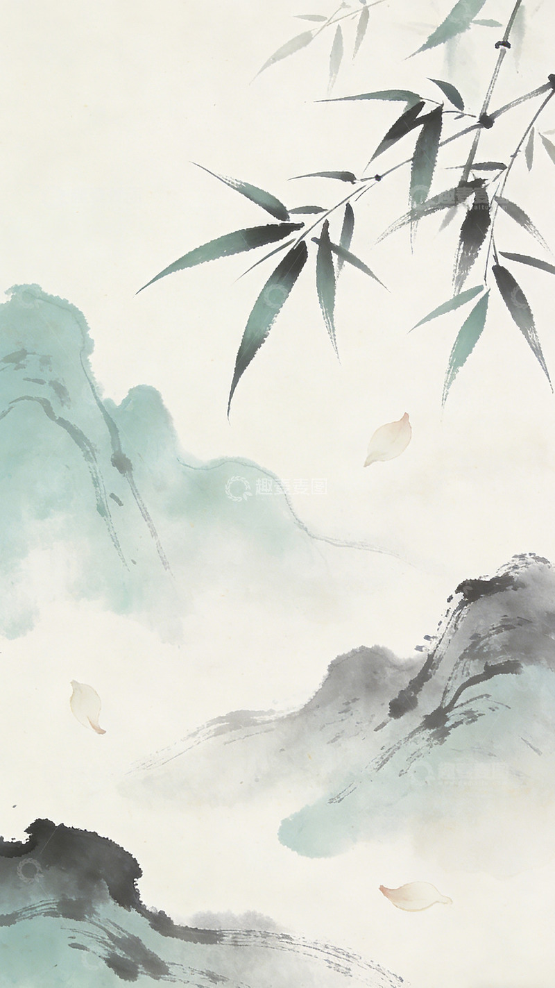 高清大图下载【趣麦麦图】水墨山水竹子淡雅意境图