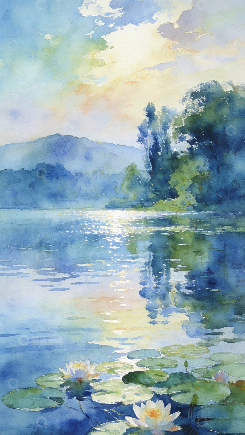 高清大图下载【趣麦麦图】水彩湖畔睡莲风光画