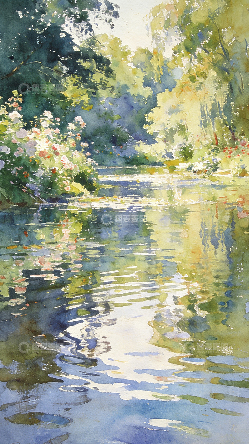 高清大图下载【趣麦麦图】水彩风景河流绿树