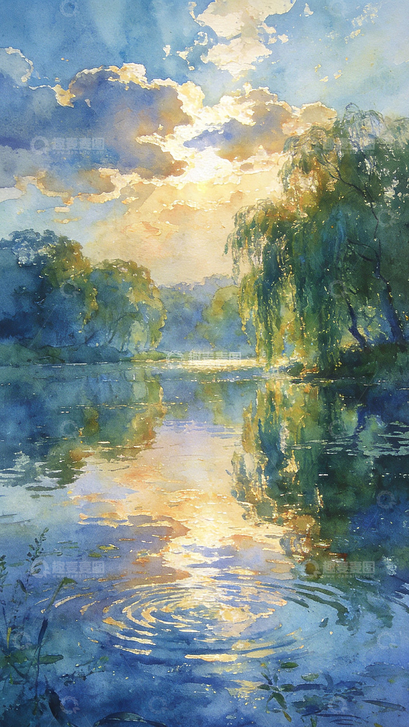 高清大图下载【趣麦麦图】水彩湖畔夕照风光