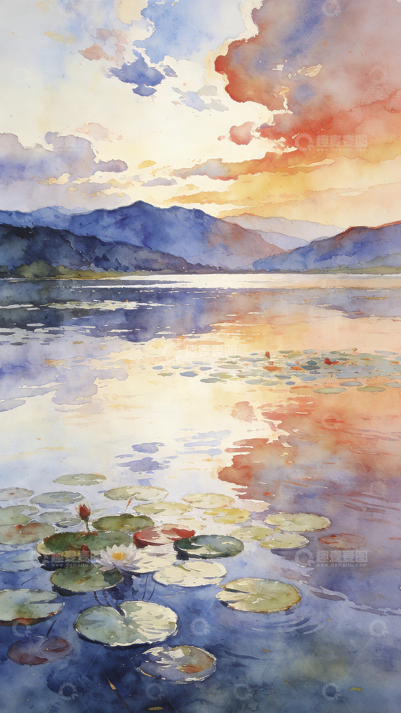 高清大图下载【趣麦麦图】水彩湖畔睡莲日落美景
