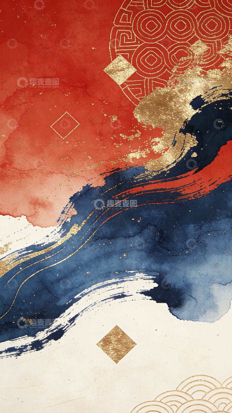 高清大图下载【趣麦麦图】抽象风格金红蓝艺术插画