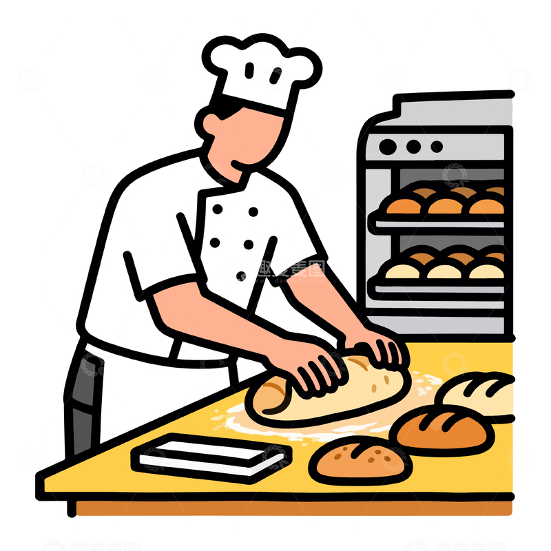 源文件下载【趣麦麦图】面包师烘焙场景插画