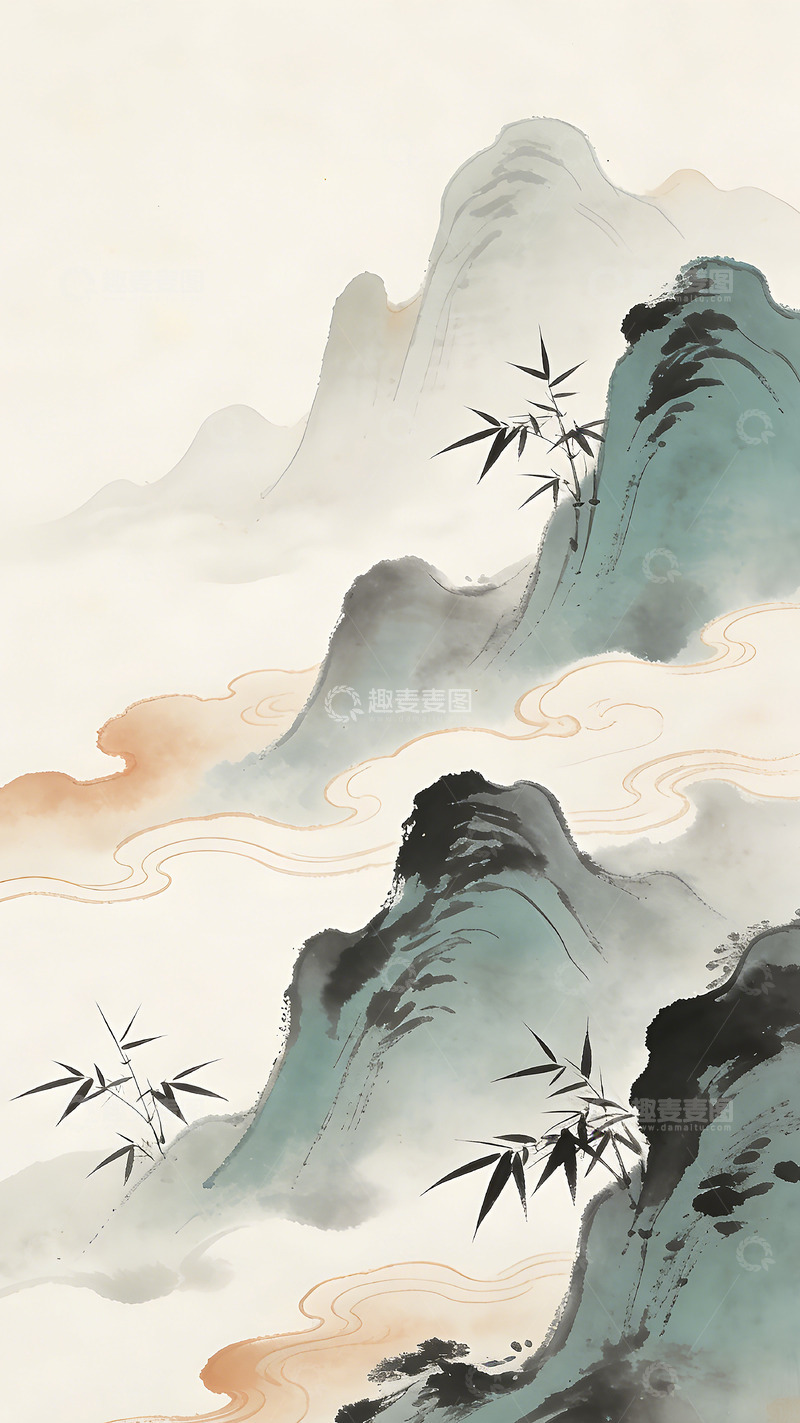 高清大图下载【趣麦麦图】水墨山水竹林风景画