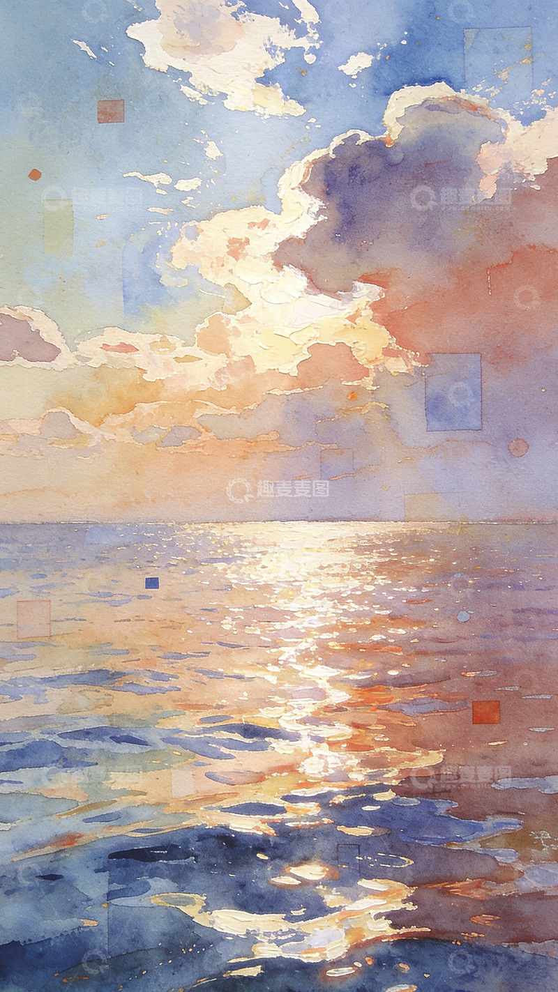 高清大图下载【趣麦麦图】水彩日落海景画面