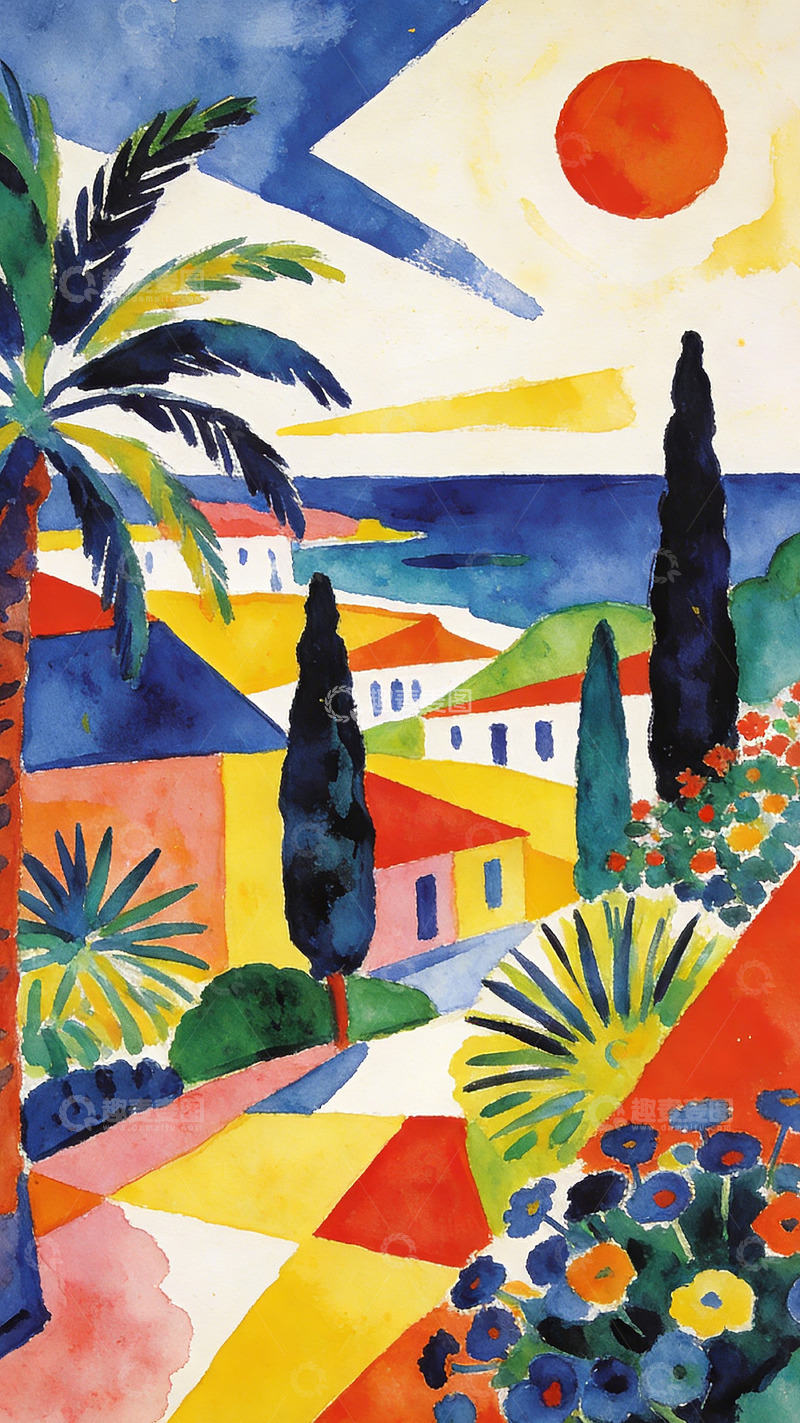 高清大图下载【趣麦麦图】色彩斑斓地中海风景水彩画